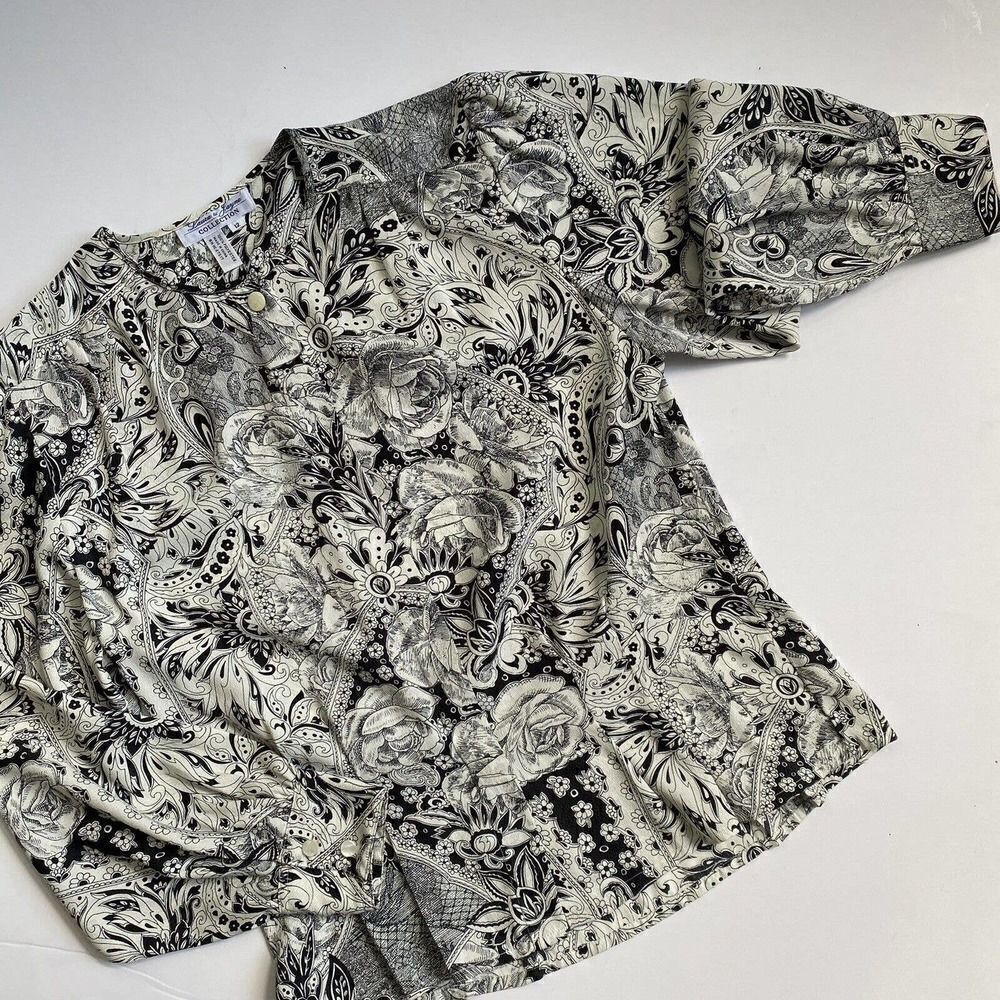 Vintage LAURA & JAYNE Button Up Blouse Secretary Paisley‎ Black White Size 12
